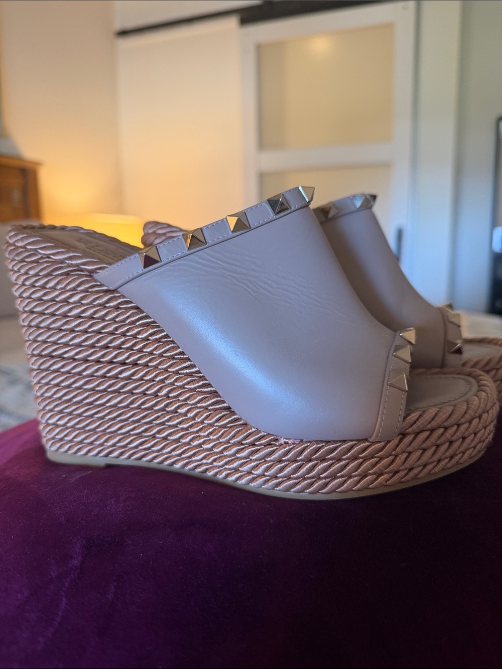 Valentino taupe- mauve Leather Studded Rope Wedge Slides with Gold Studs